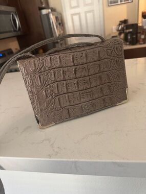 Uterque taupe croc-embossed mini shoulder bag with silver corners
